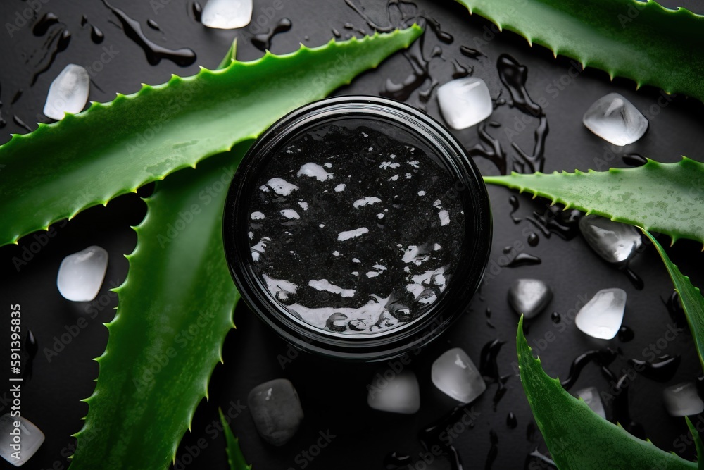  a jar of aloei sitting on top of a table next to a leaf of aloei and ice cubes on a black surface. 