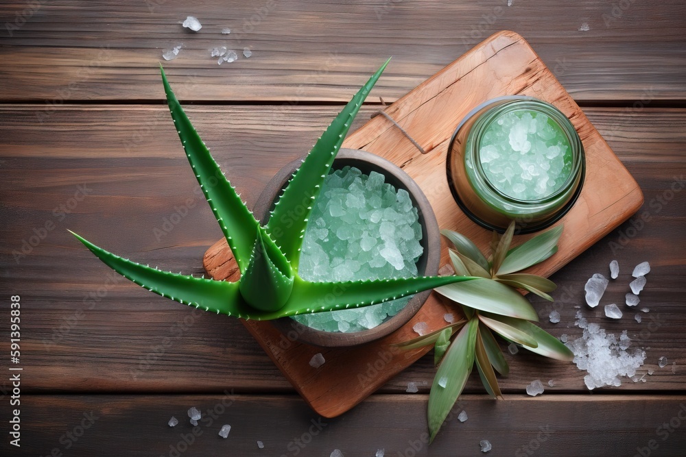  aloei and salt sit on a cutting board next to a glass of aloei and a wooden cutting board with aloe