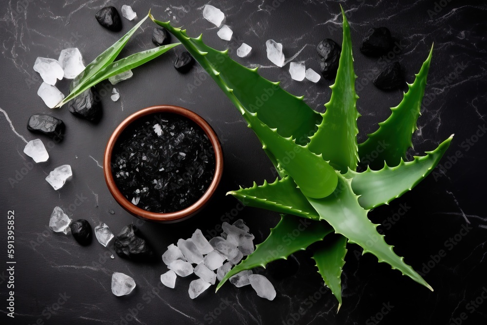  a bowl of sea salt next to a plant and some ice cubes on a black table top with a black background 