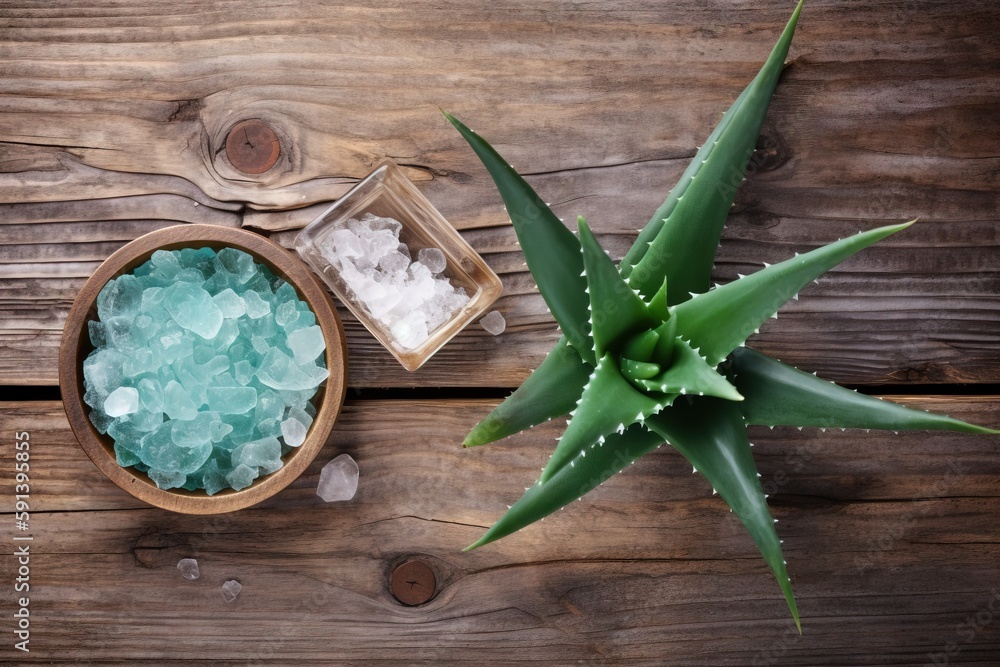  an aloei plant and sea glass on a wooden table with a salt and pepper shaker and salt shaker on the