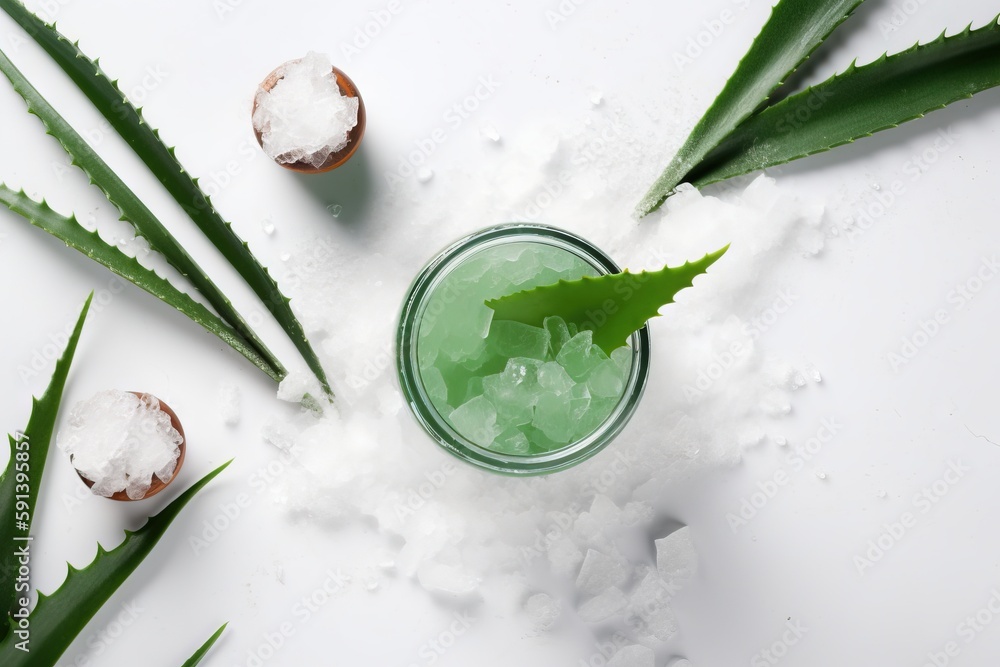  a glass of aloei and some aloei on a white surface with aloei leaves and coconuts on the side.  gen