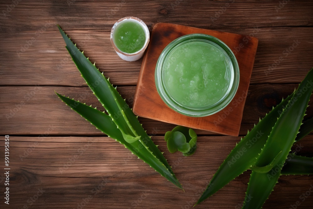  a glass of green juice next to a green plant on a wooden table with a wooden cutting board and a sm