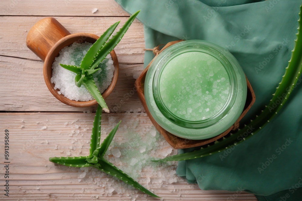  a bowl of aloem and a glass of aloem on a wooden table with aloem and a green cloth on it.  generat