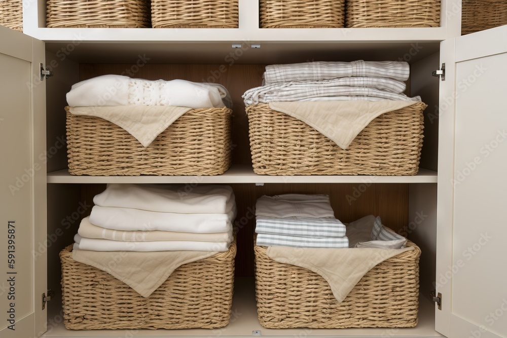  a closet filled with lots of wicker baskets filled with folded towels and folded towels and folded 