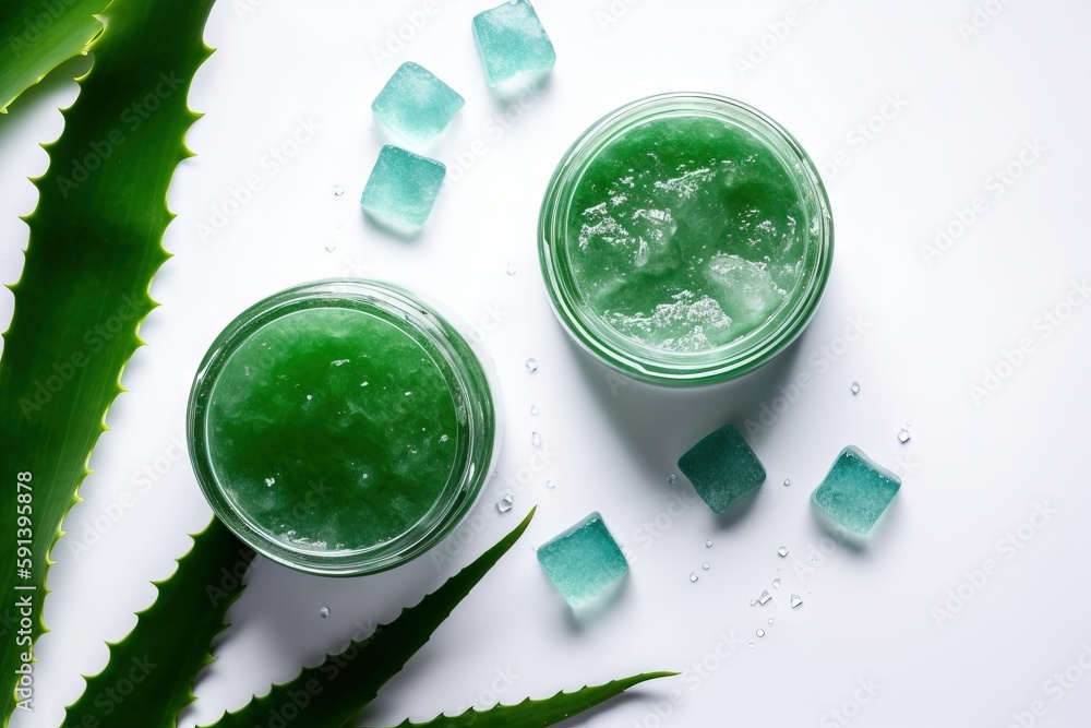  two glasses of green liquid with ice cubes on a white surface next to a green leaf of aloei on a wh