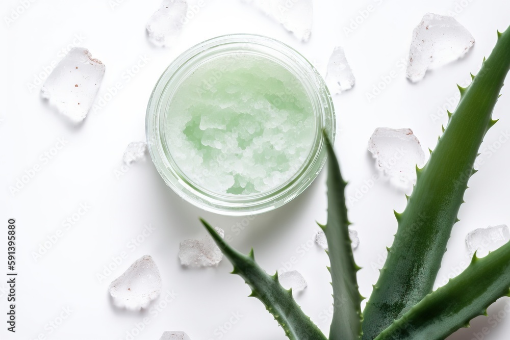  a glass jar with aloei on top of it next to ice cubes on a white surface with a green plant in the 