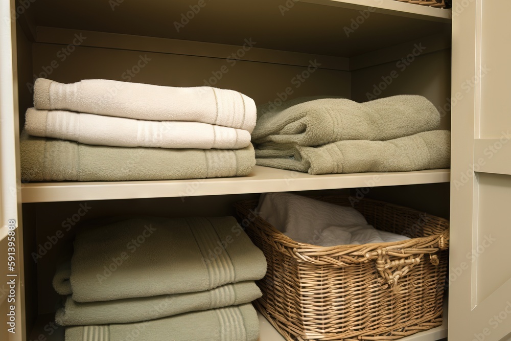  a shelf with towels and a basket on it in a closet with a door open to another room and a door to a