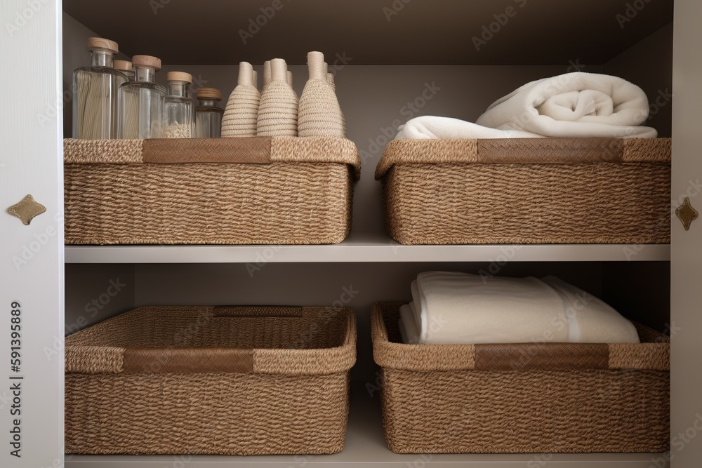  a shelf with baskets and towels in a bathroom closet with towels and soaps on top of the baskets an