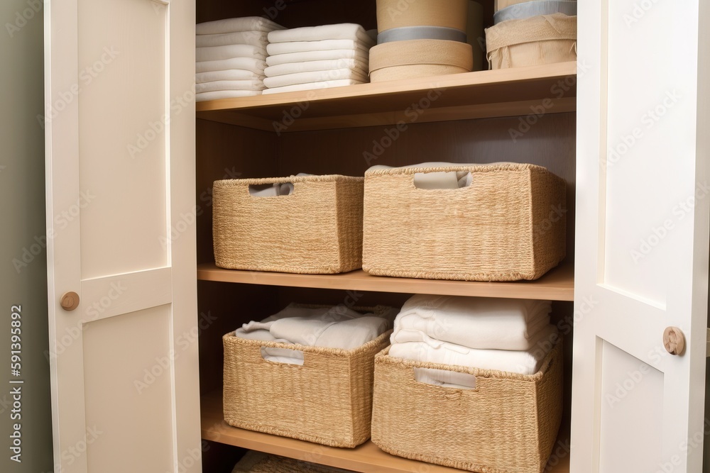  a closet with baskets and towels on the shelves and linens in the baskets on the bottom shelf of th