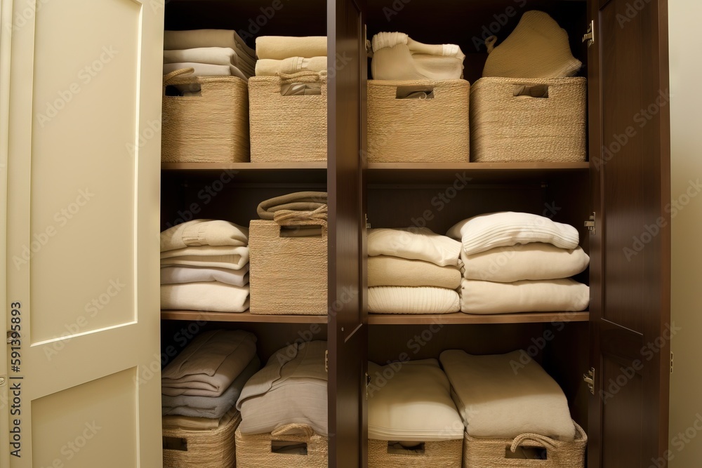  a closet filled with lots of white linens and folded blankets and baskets of folded linens and fold