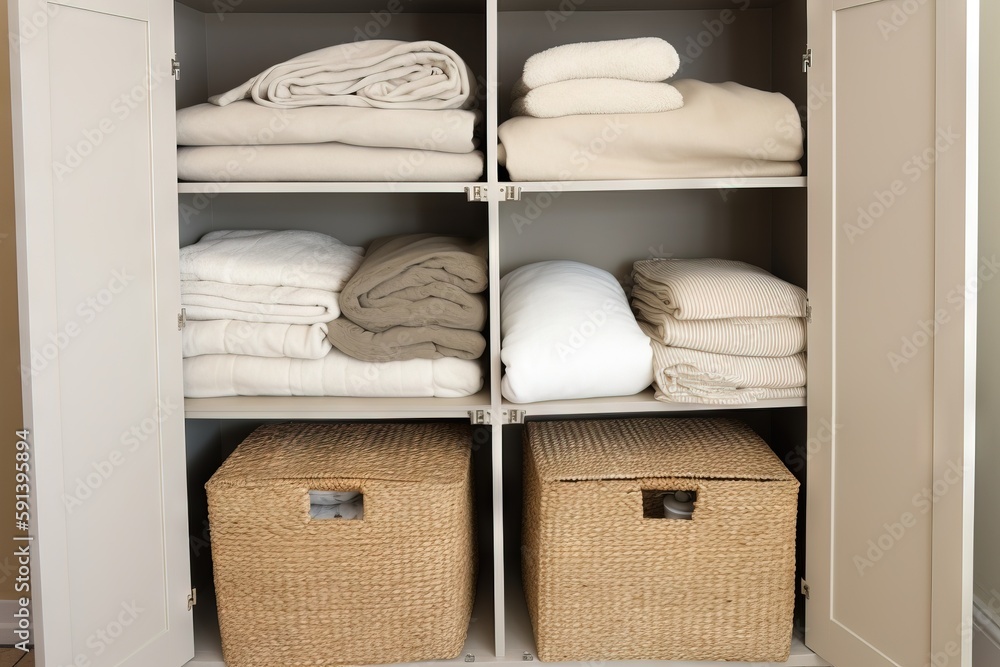  a white closet filled with lots of white blankets and blankets on top of baskets next to a wall mou