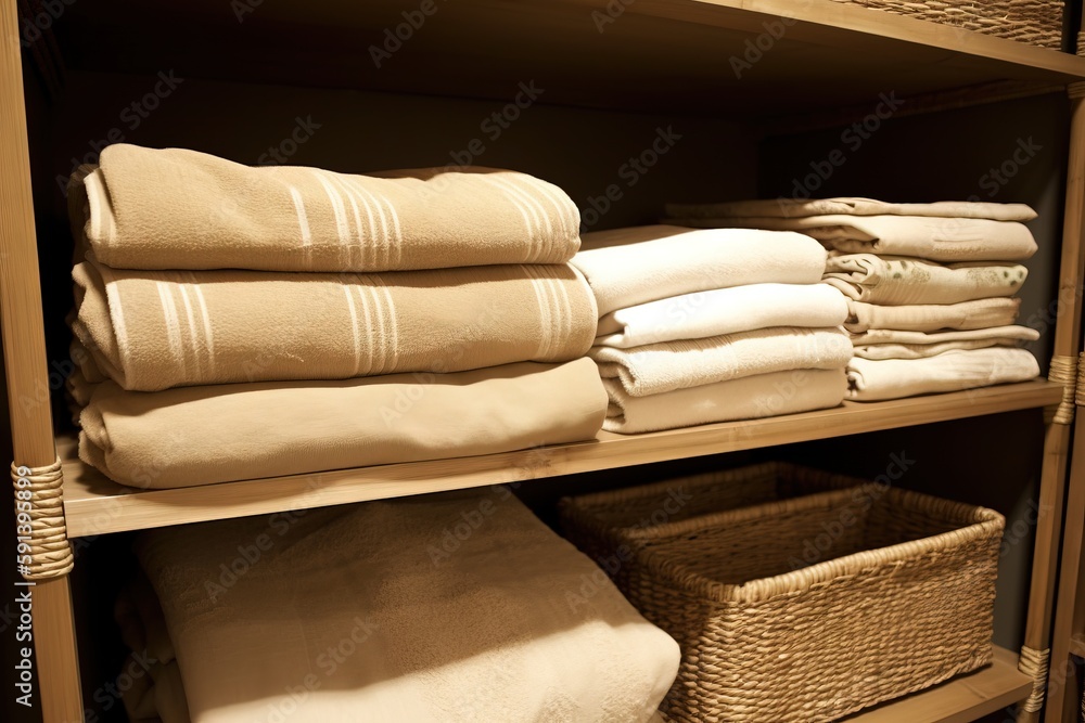  a shelf filled with lots of folded towels and baskets of towels and blankets on top of them in a cl