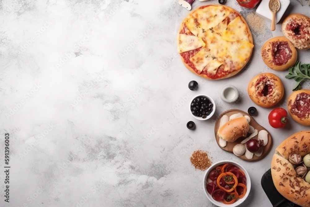  a table topped with different types of pizzas and toppings on top of a white tablecloth covered in 