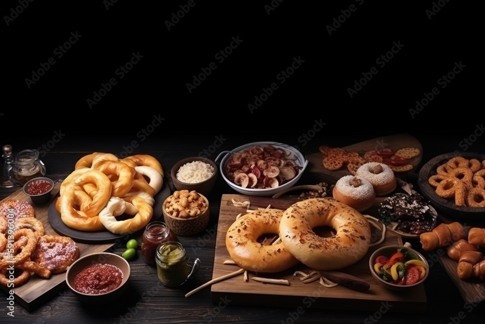  a table topped with lots of different types of food on plates and bowls of dips and pretzels and di