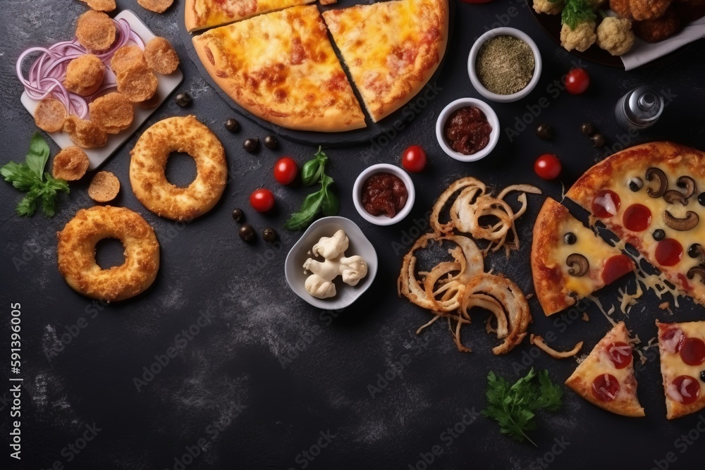  a pizza, onion rings, onion rings, and other foods are arranged on a black surface with a dark back