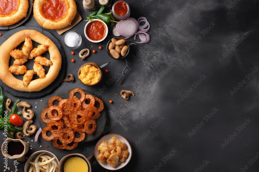  a table topped with pizzas and other foods on top of a black tablecloth covered in sauces and condi