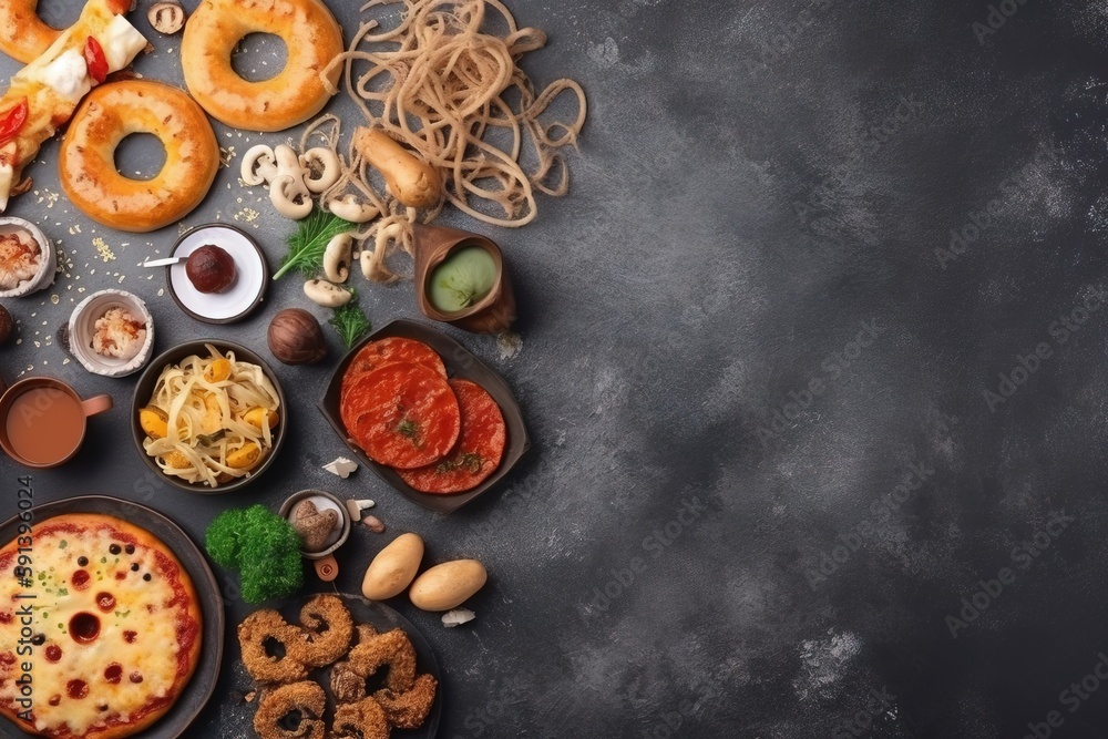  a table topped with lots of different types of food and condiments on top of a black tablecloth cov