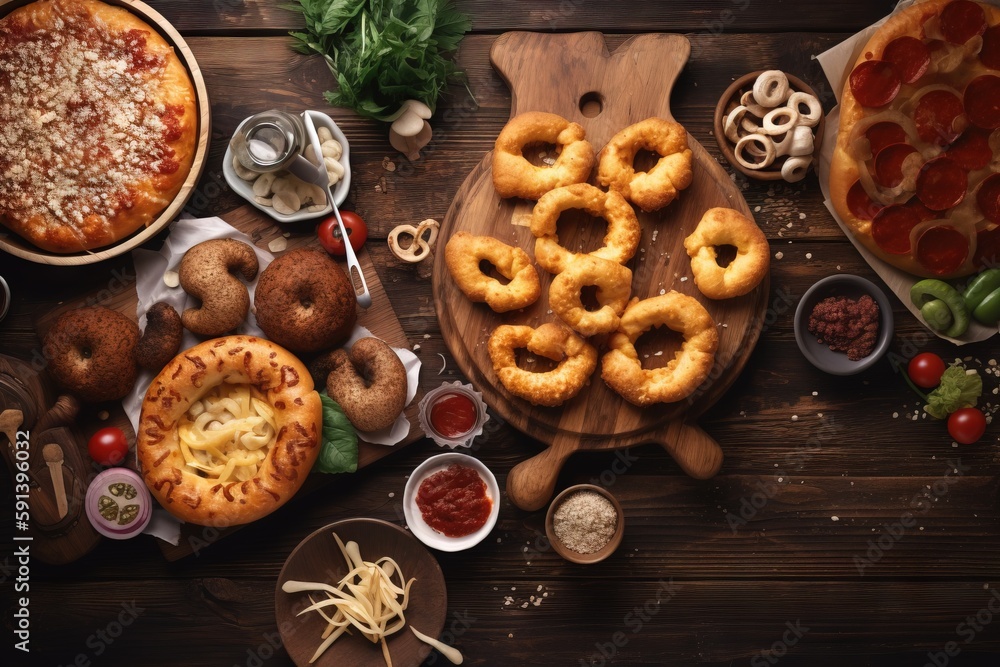  a table topped with pizza and other foods on top of a wooden table next to a pizza pie and other fo