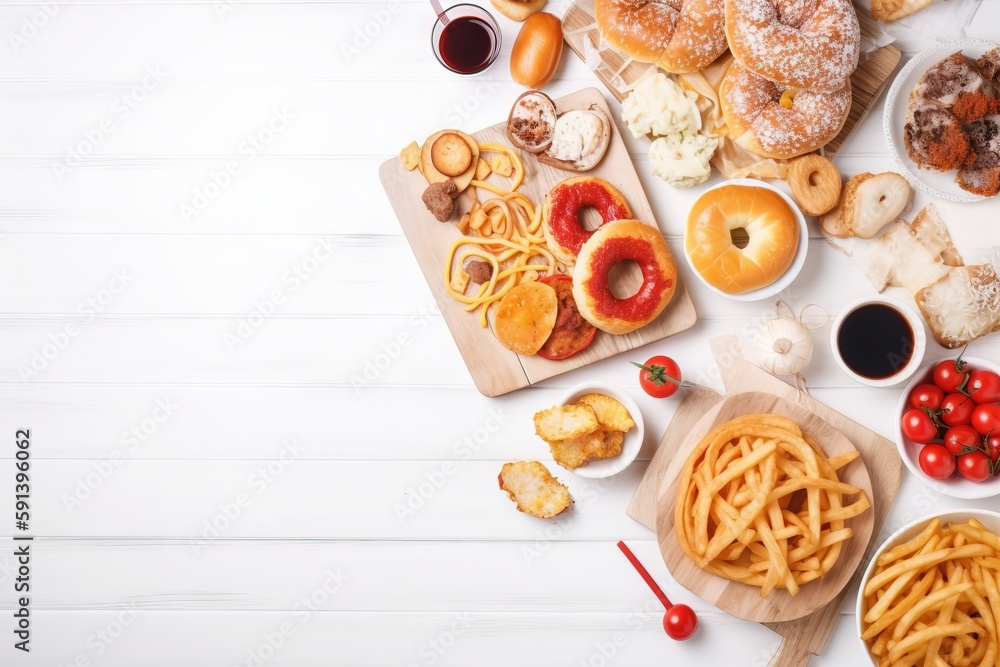  a table topped with lots of different types of food and drinks on top of a white wooden table next 