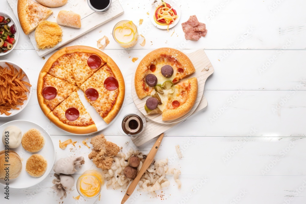  a table topped with two pizzas covered in toppings and a cutting board with a pizza on top of it ne