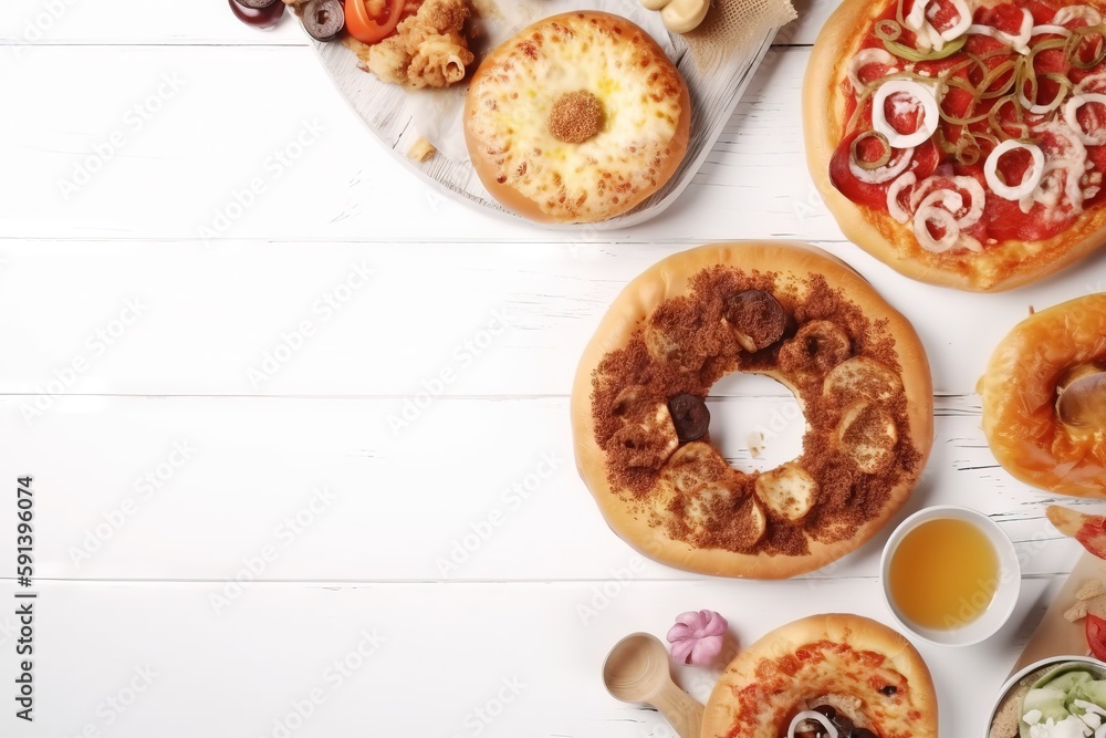  a table topped with different types of pizzas and other food items next to a cup of tea and a plate