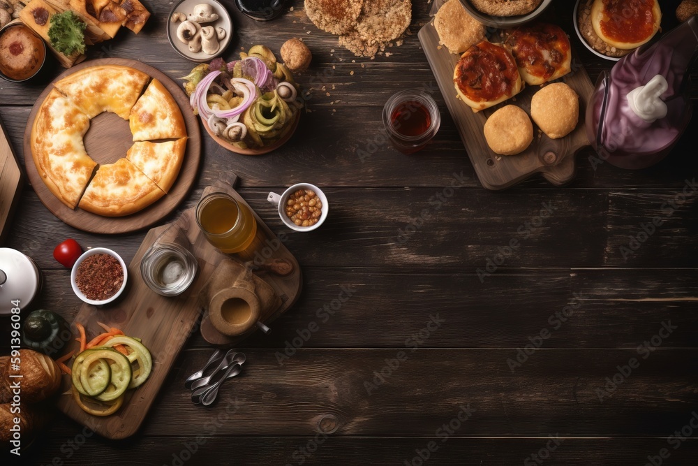  a table topped with lots of different types of food and drinks next to a cutting board with a pizza