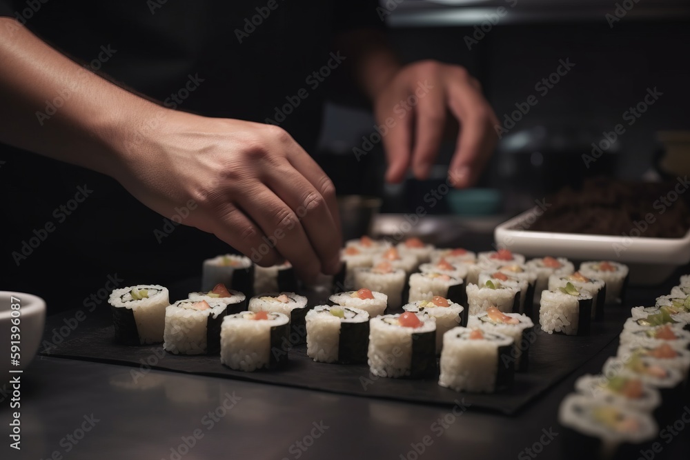  a person is preparing sushi rolls on a black board with a bowl of dipping sauce and a bowl of dippi