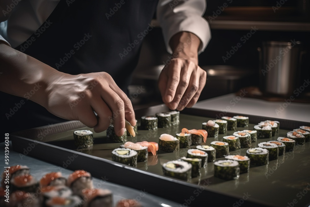  a person is putting sushi on a tray in a kitchen with other sushi on the table and on the tray is a