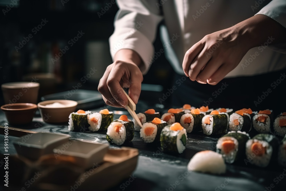  a person is preparing sushi rolls on a table with chopsticks in their hand and a small bowl of sauc