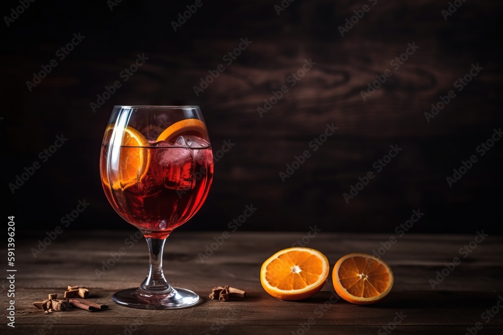  a glass of wine with an orange slice and cinnamons on a table next to a glass of wine with an orang