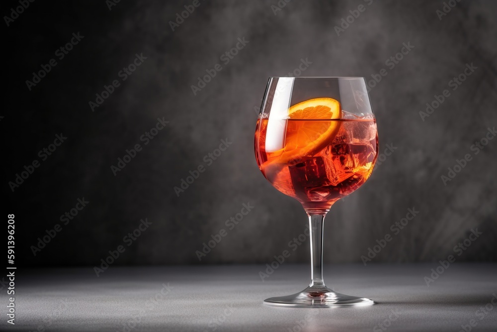  a glass of wine with a slice of orange on the rim of it and a black background behind it, with a da