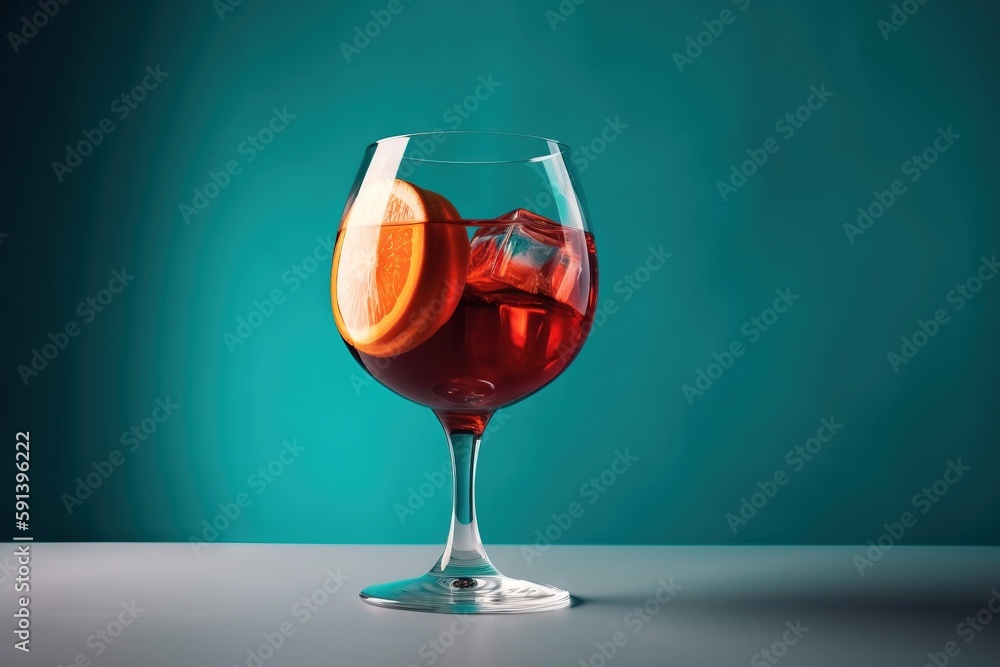  a glass of red wine with a slice of orange on the rim of it, on a table, against a teal green backg