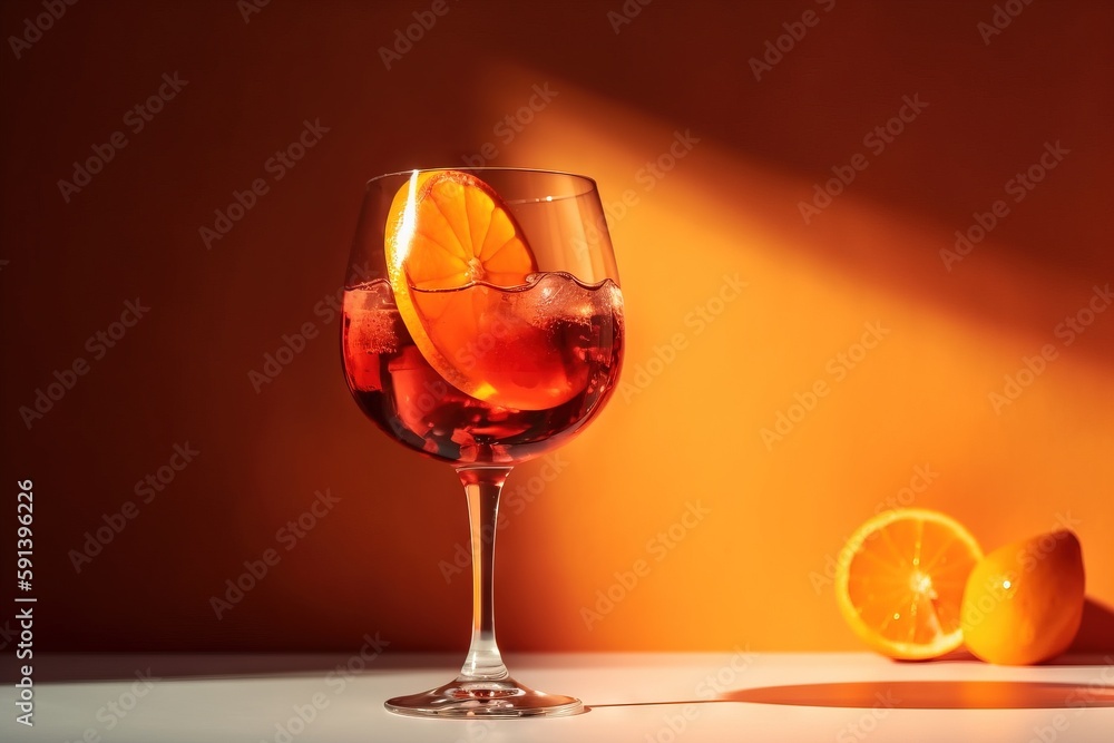  a glass of wine with a slice of orange on the side of it and a half of an orange on the side of the