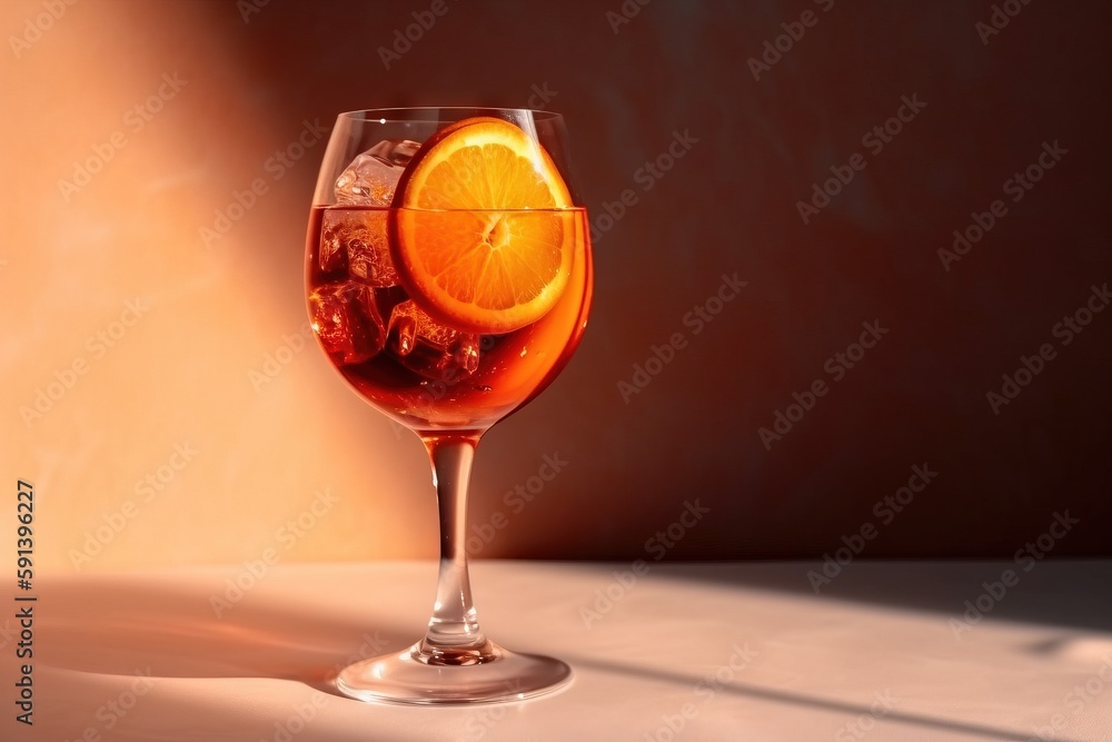  a glass of wine with a slice of orange on the rim of the glass and ice cubes in the bottom of the w