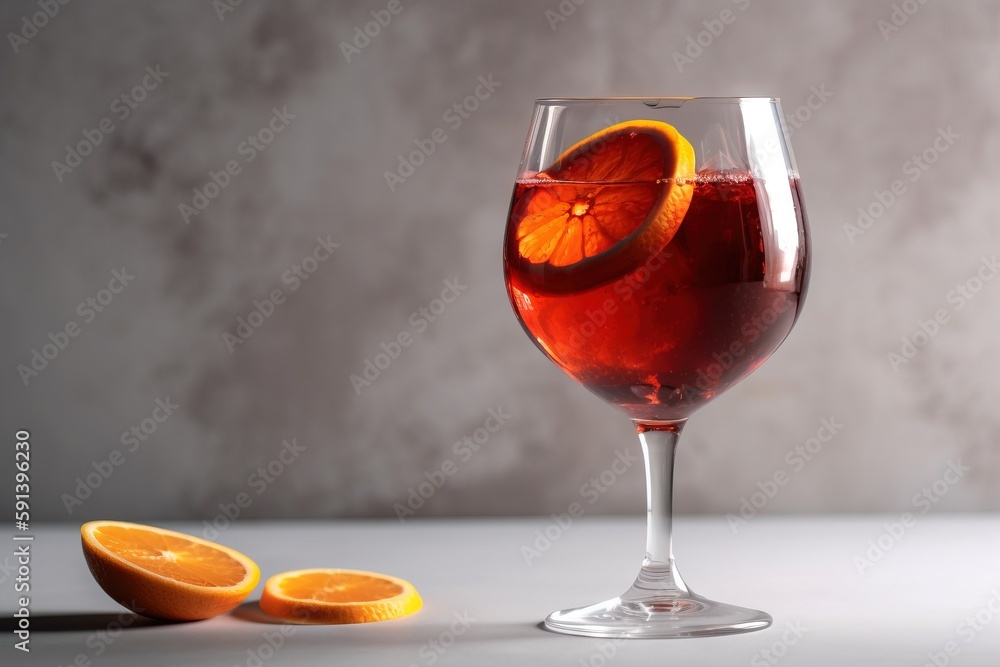  a glass of wine with a slice of orange on the side of it and a half of an orange on the side of the