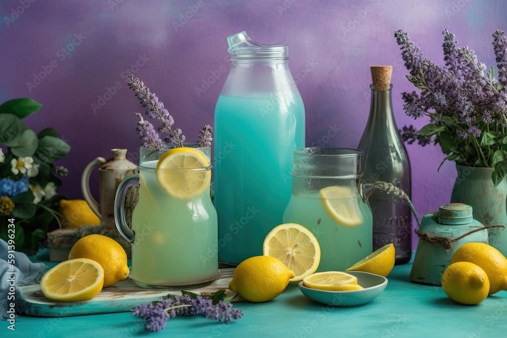  a table topped with lemons and bottles of lemonade next to a bowl of lemons and a vase of lavenders