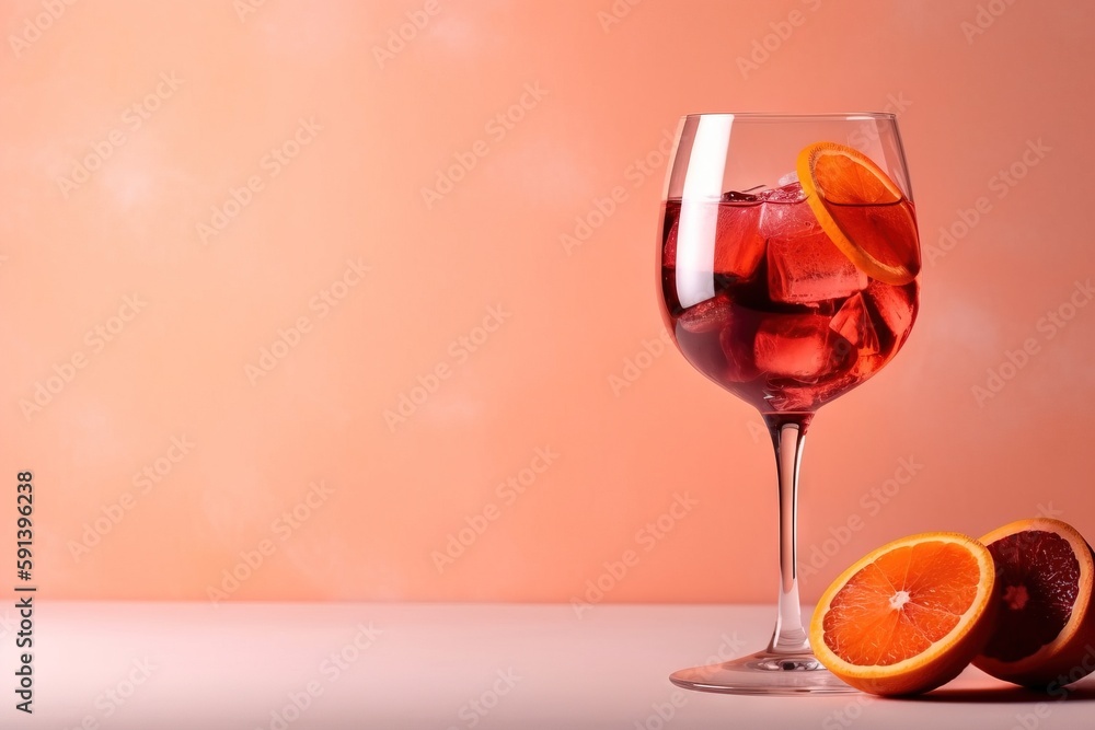  a glass of red wine with a slice of orange on the side of it and a half of an orange on the side of