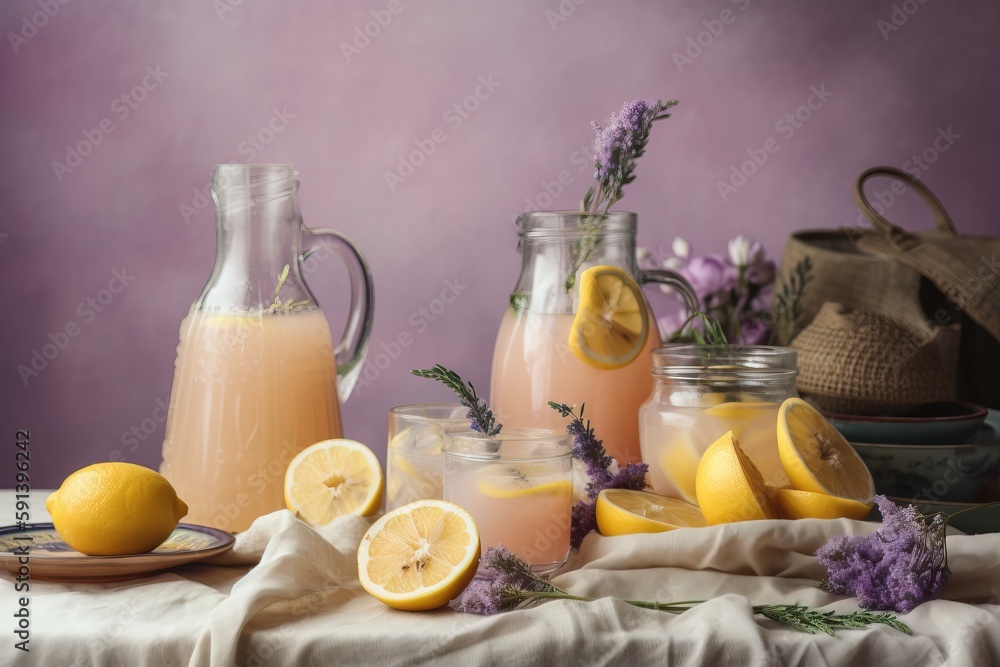  a table topped with lemons and pitchers filled with lemonade next to a plate of lemons and lavender