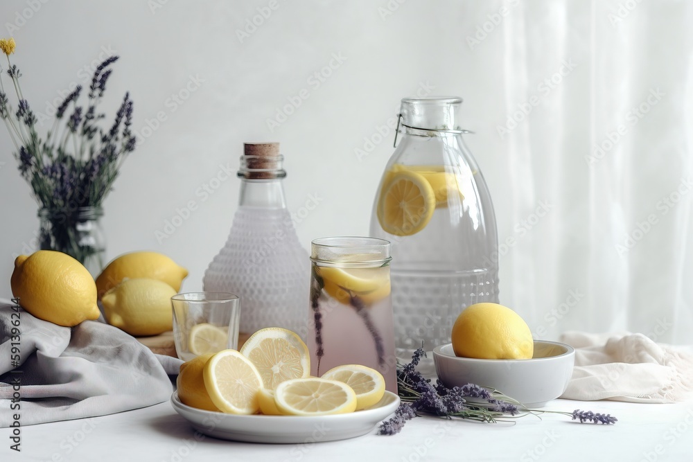  a table topped with lemons and a bowl of lemons next to a bottle of lemonade and a bowl of lavender