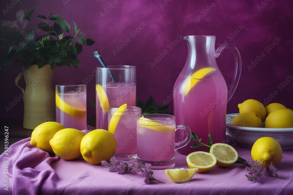  a table topped with lemons and pitchers of liquid next to a bowl of lemons and a plate of lemons on