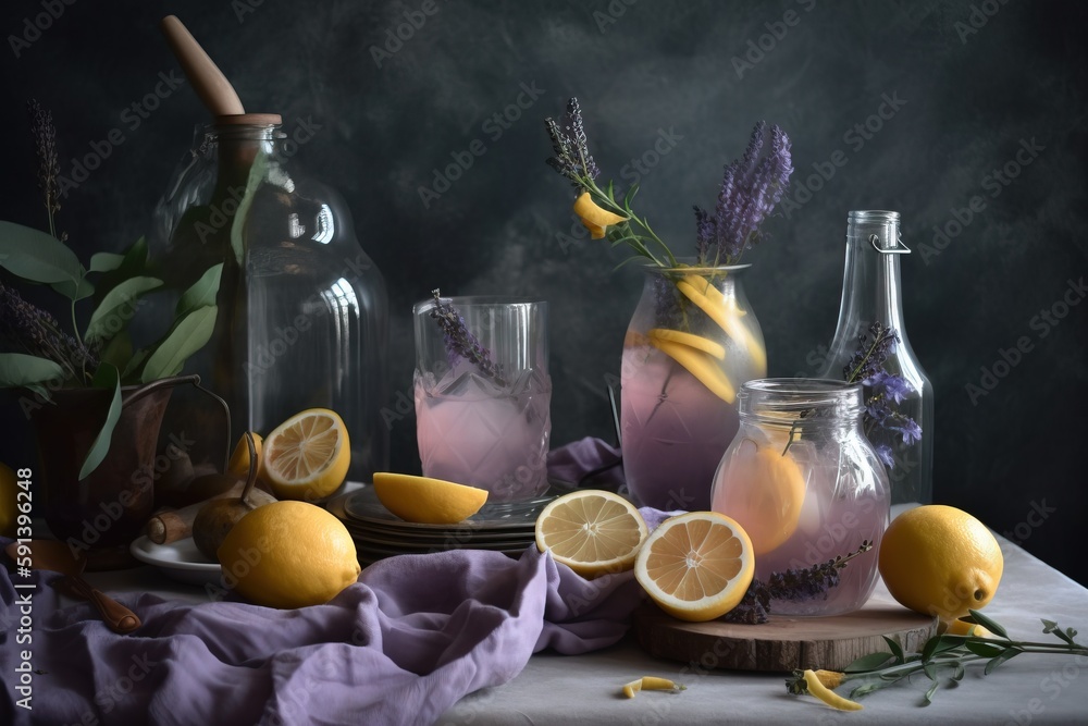  a table topped with bottles filled with lemons and lavenders next to a plate of lemons and a plate 