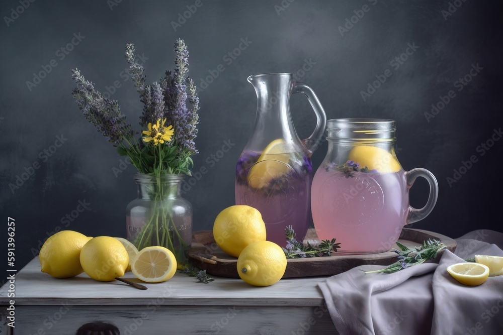  a table topped with lemons and a pitcher of lemonade next to a plate of lemons and a pitcher of lav