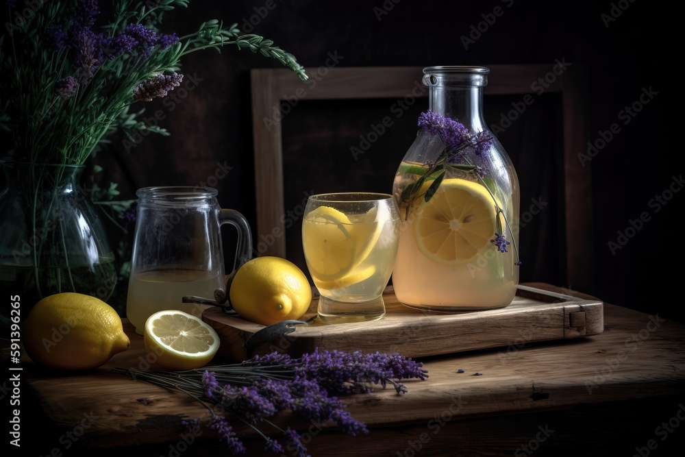  a wooden table topped with two vases filled with lemons and a pitcher of lemonade next to a couple 