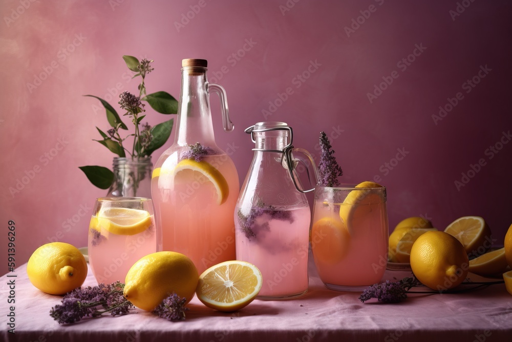  a table topped with bottles of liquid and lemons next to a bunch of lavenders and lemons on a table