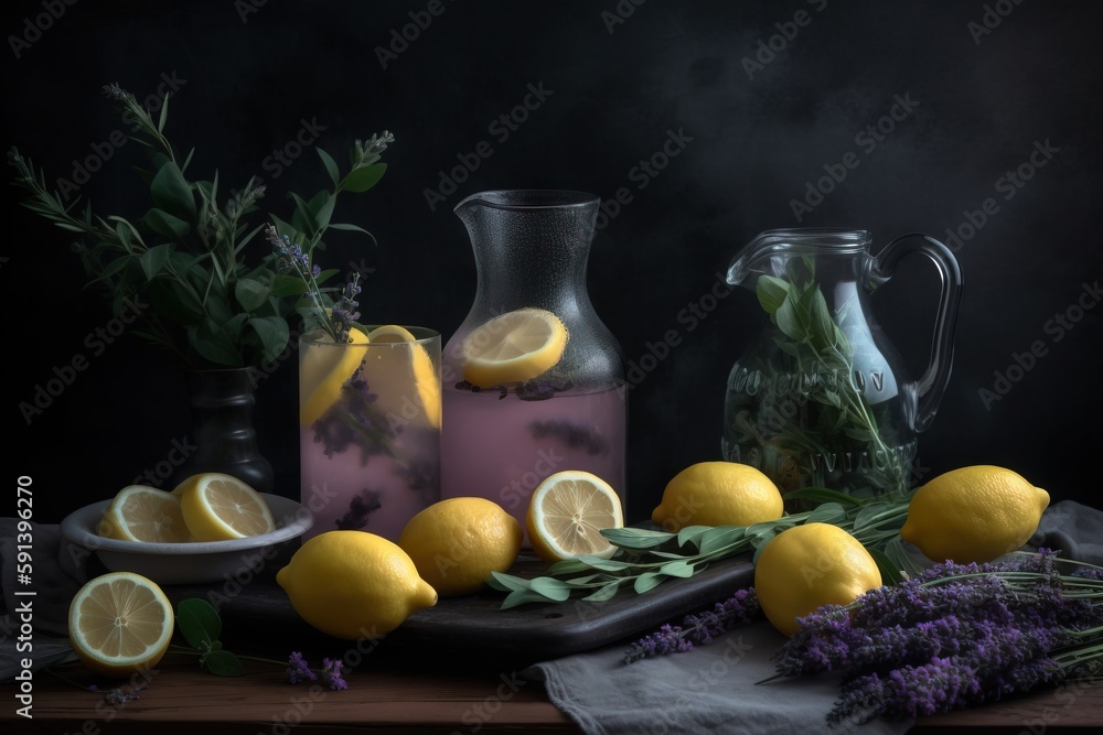  a table topped with lemons and lavenders next to a pitcher of lemonade and a bowl of lavender and a