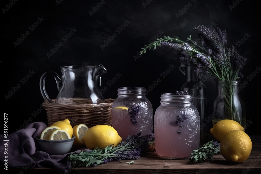  a table topped with jars filled with lemons and lavenders next to a bowl of lemons and a basket of 