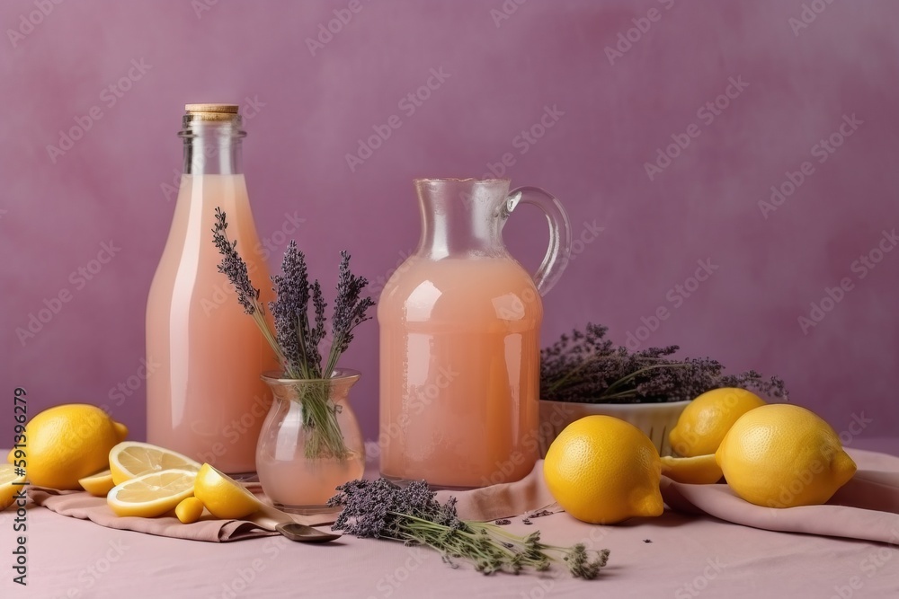  a table topped with lemons and a pitcher of lemonade next to a plate of lemons and a bowl of lavend