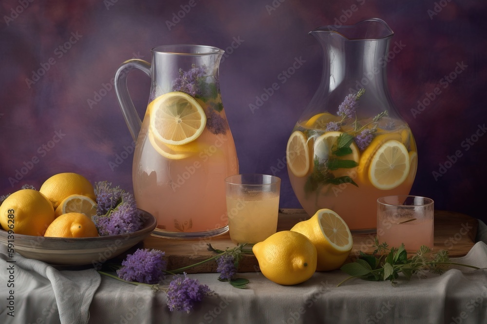  a table topped with a pitcher of lemonade next to a bowl of lemons and a plate of lemons next to a 