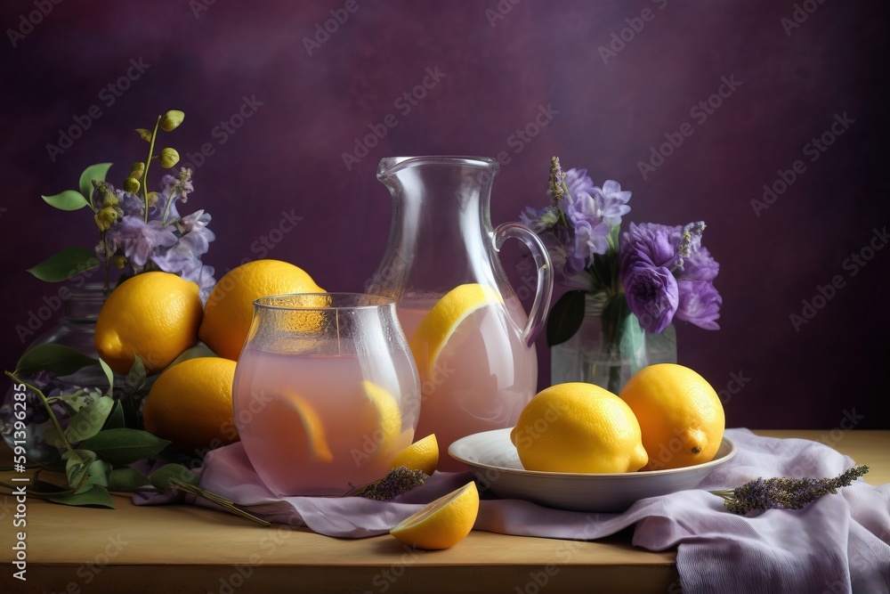  a still life of lemons and a pitcher of water on a table with a cloth and a plate of flowers and la