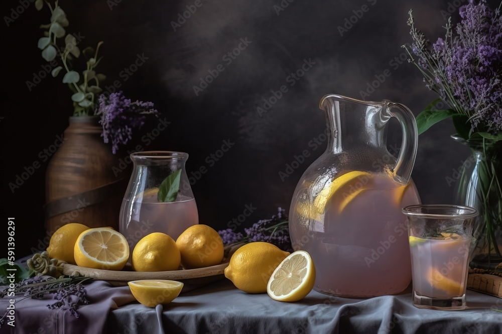  a table topped with a pitcher of lemonade next to a plate of lemons and a pitcher of water and a pl